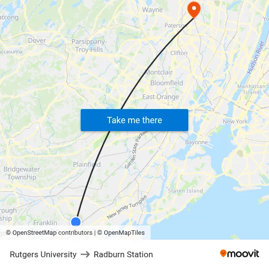 Rutgers University to Radburn Station map