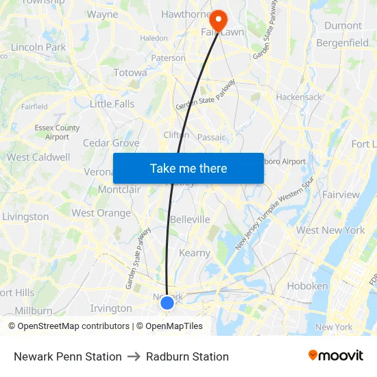 Newark Penn Station to Radburn Station map