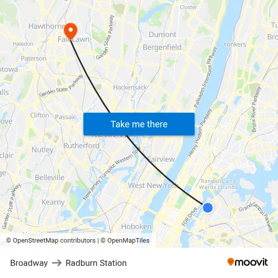 Broadway to Radburn Station map