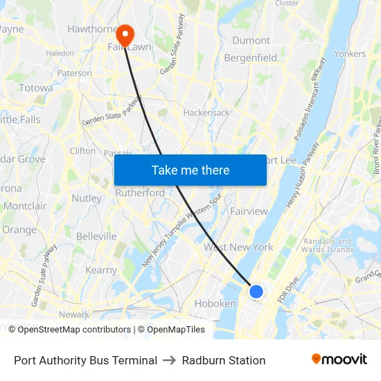 Port Authority Bus Terminal to Radburn Station map