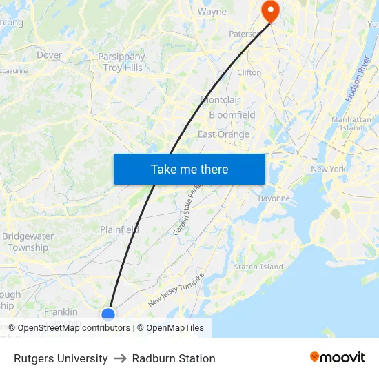 Rutgers University to Radburn Station map