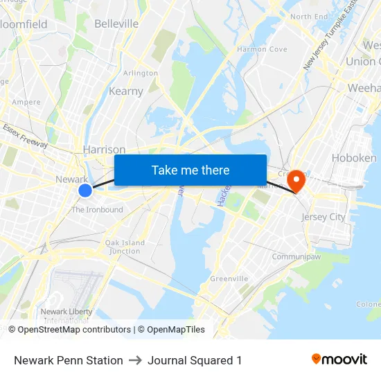Newark Penn Station to Journal Squared 1 map
