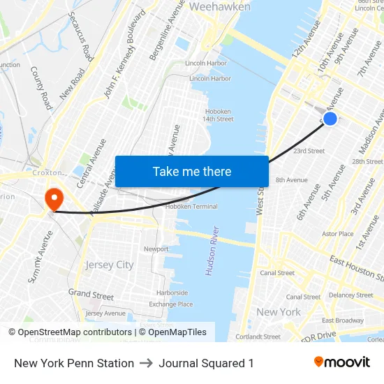 New York Penn Station to Journal Squared 1 map