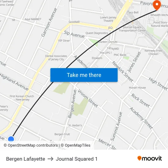 Bergen Lafayette to Journal Squared 1 map