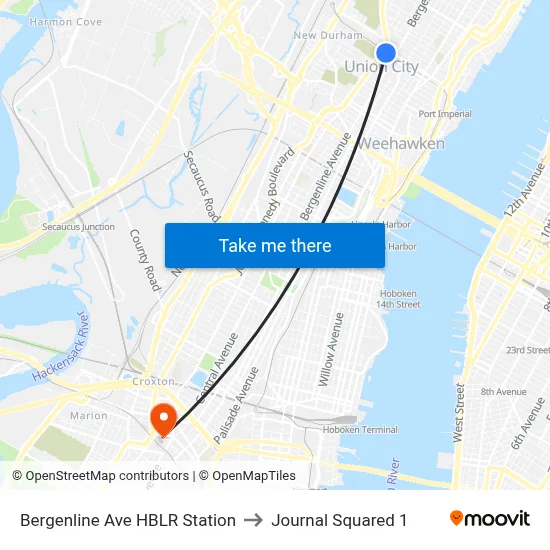 Bergenline Ave HBLR Station to Journal Squared 1 map