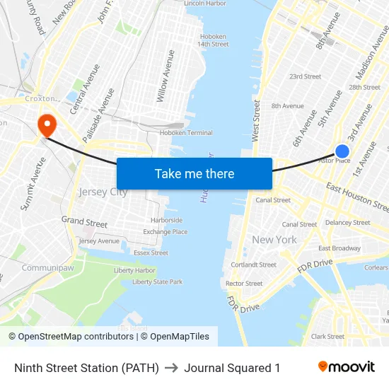 Ninth Street Station (PATH) to Journal Squared 1 map