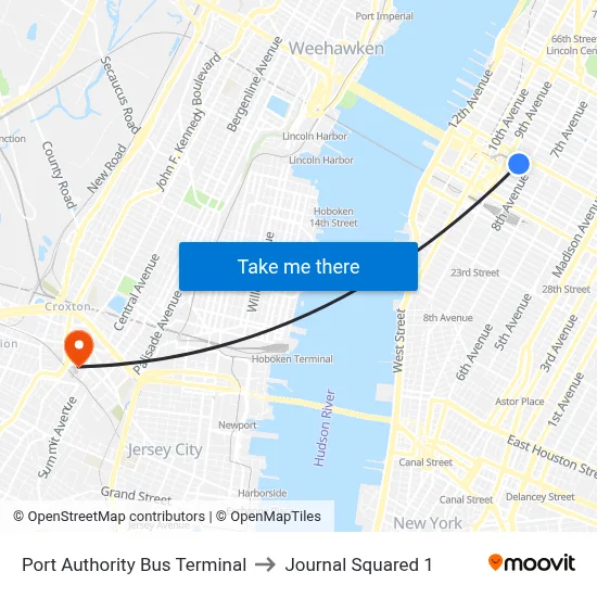 Port Authority Bus Terminal to Journal Squared 1 map
