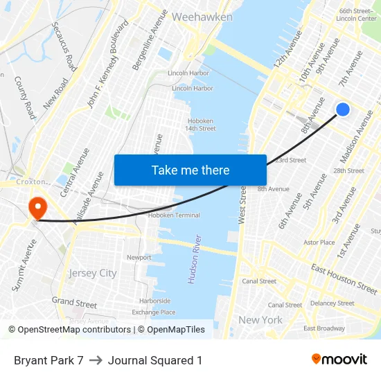 Bryant Park 7 to Journal Squared 1 map