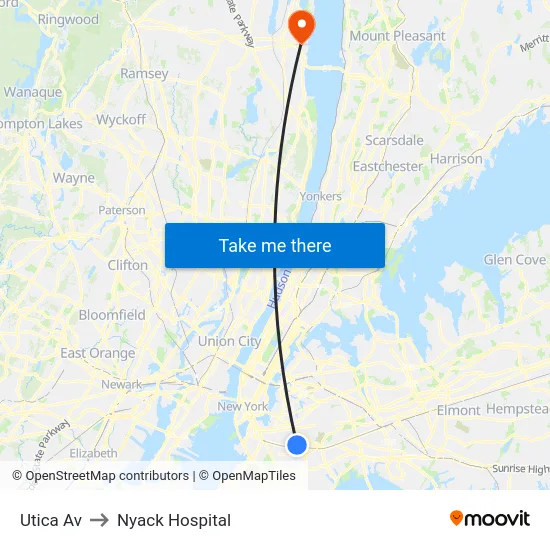 Utica Av to Nyack Hospital map
