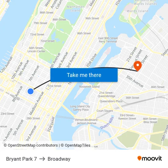 Bryant Park 7 to Broadway map