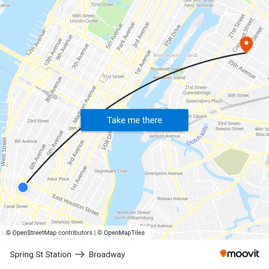 Spring St Station to Broadway map