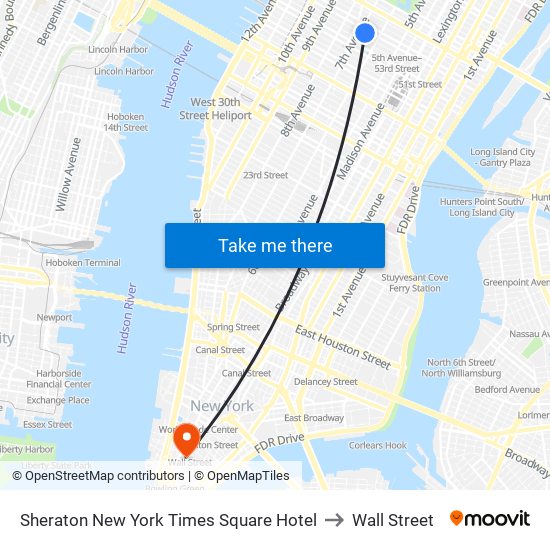 Sheraton New York Times Square Hotel to Wall Street map