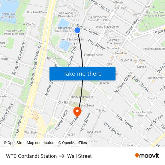 WTC Cortlandt Station to Wall Street map