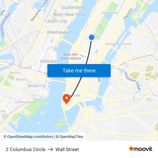 2 Columbus Circle to Wall Street map