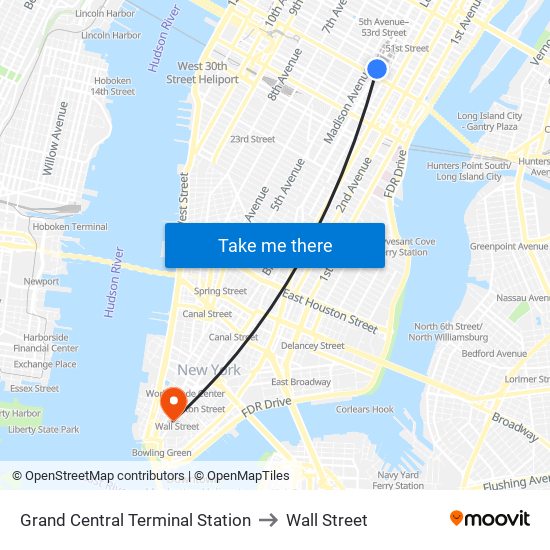 Grand Central Terminal Station to Wall Street map