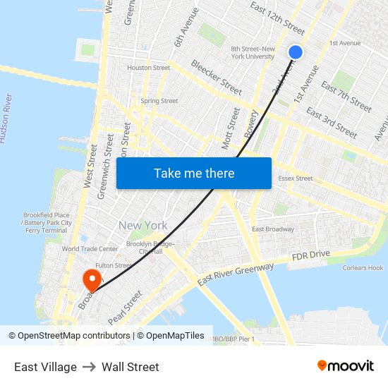 East Village to Wall Street map