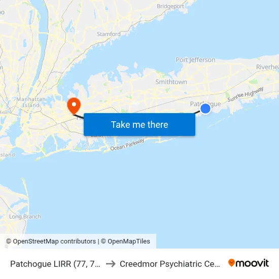 Patchogue LIRR (77, 77y) to Creedmor Psychiatric Center map