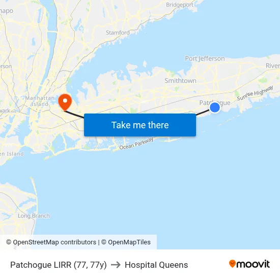 Patchogue LIRR (77, 77y) to Hospital Queens map