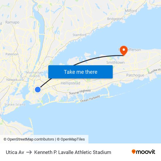 Utica Av to Kenneth P. Lavalle Athletic Stadium map