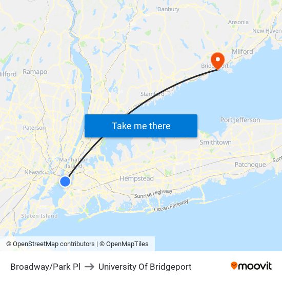 Broadway/Park Pl to University Of Bridgeport map