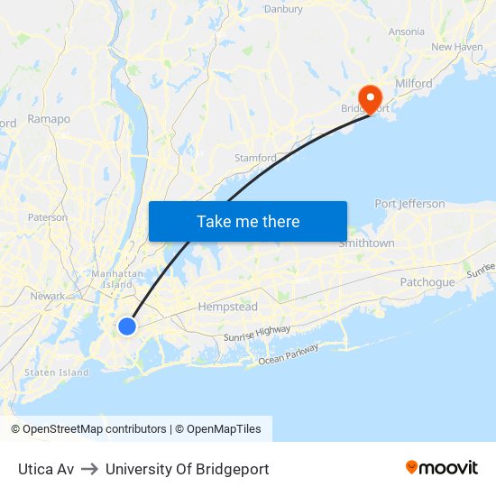Utica Av to University Of Bridgeport map