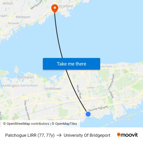 Patchogue LIRR (77, 77y) to University Of Bridgeport map