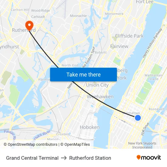 Grand Central Terminal to Rutherford Station map