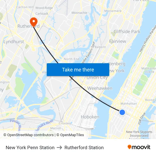 New York Penn Station to Rutherford Station map