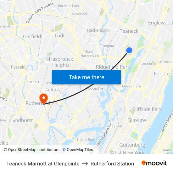 Teaneck Marriott at Glenpointe to Rutherford Station map