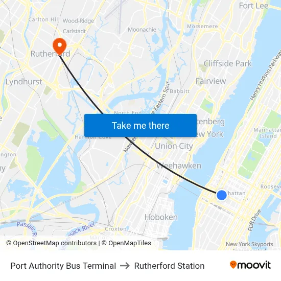 Port Authority Bus Terminal to Rutherford Station map
