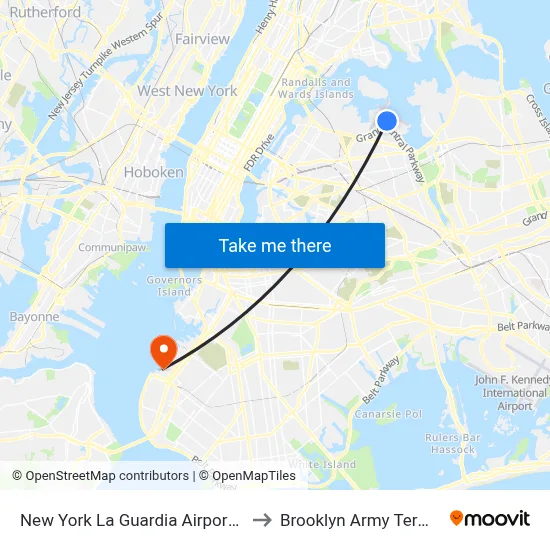 New York La Guardia Airport LGA to Brooklyn Army Terminal map