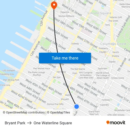 Bryant Park to One Waterline Square map
