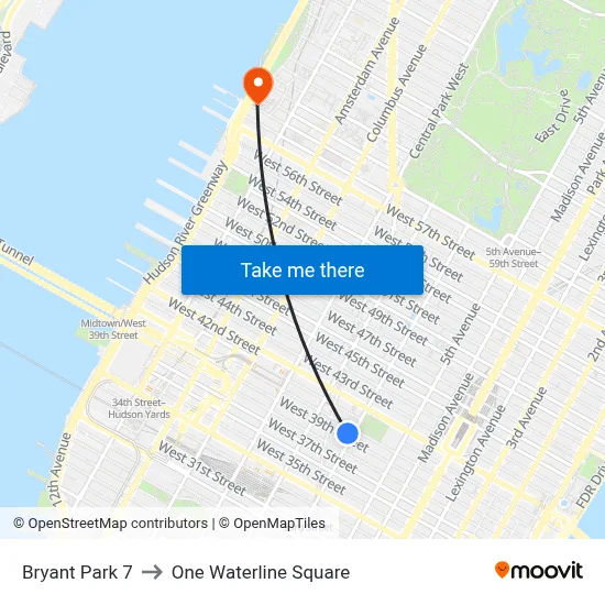 Bryant Park 7 to One Waterline Square map