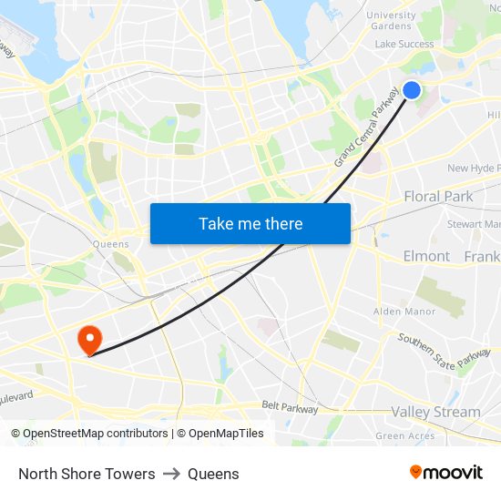 North Shore Towers to Queens map