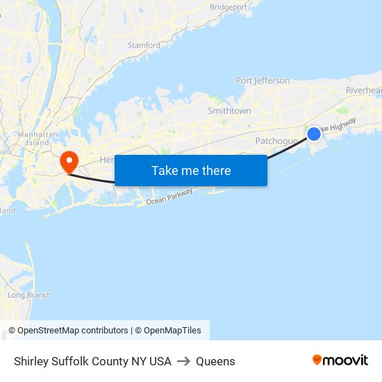 Shirley Suffolk County NY USA to Queens map
