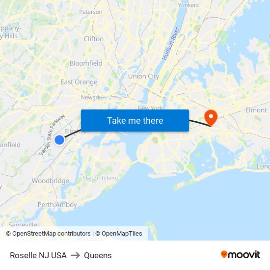 Roselle NJ USA to Queens map