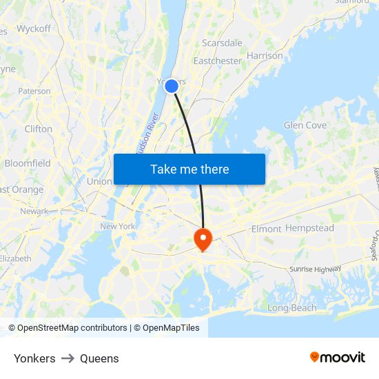 Yonkers to Queens map