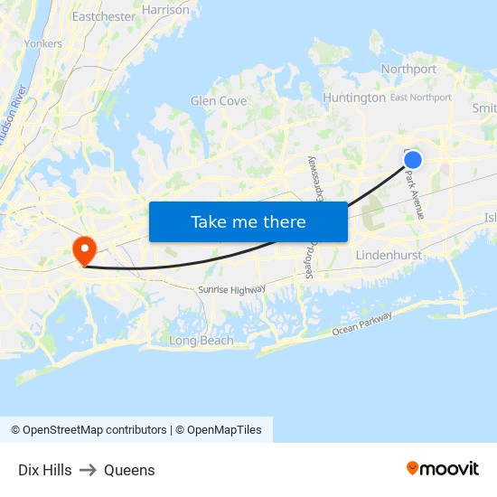 Dix Hills to Queens map