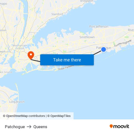 Patchogue to Queens map