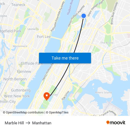 Marble Hill to Manhattan map