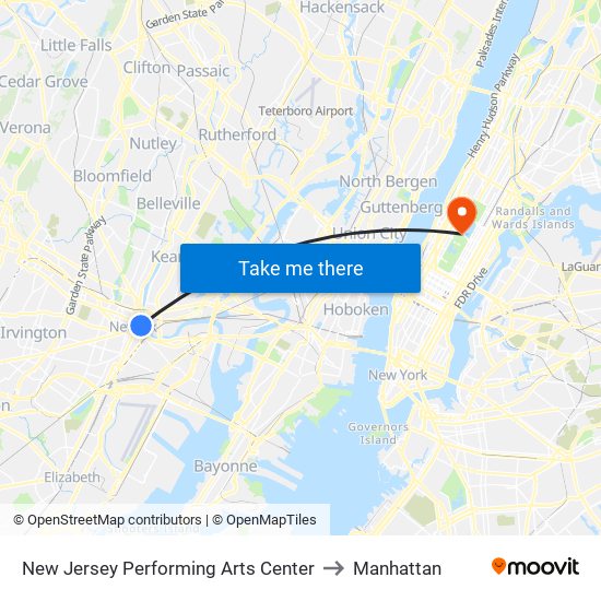 New Jersey Performing Arts Center to Manhattan map