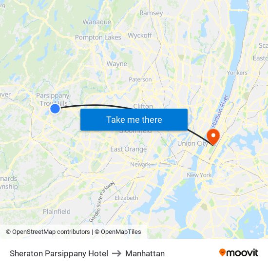 Sheraton Parsippany Hotel to Manhattan map