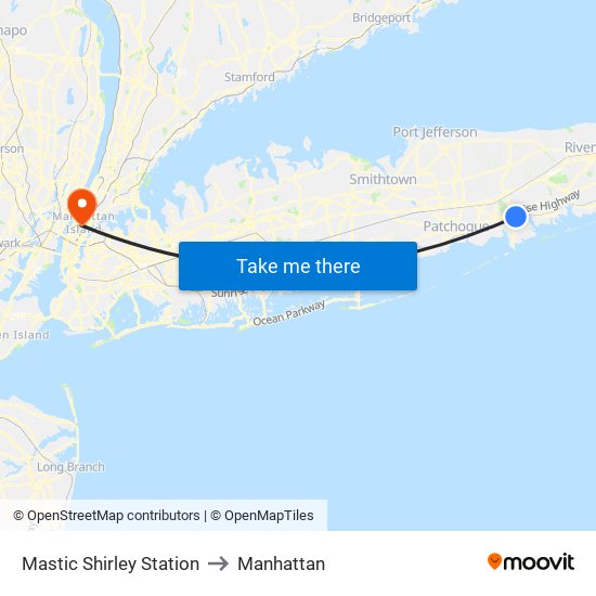 Mastic Shirley Station to Manhattan map