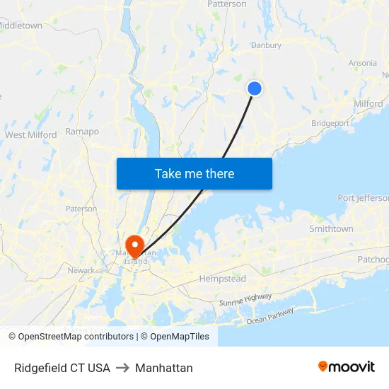 Ridgefield CT USA to Manhattan map