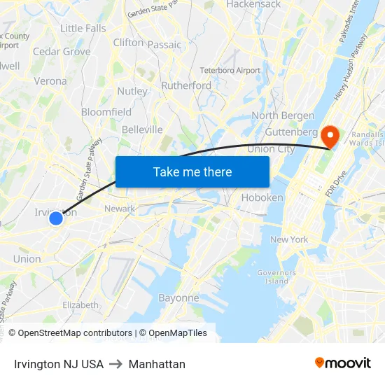 Irvington NJ USA to Manhattan map