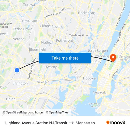 Highland Avenue Station NJ Transit to Manhattan map