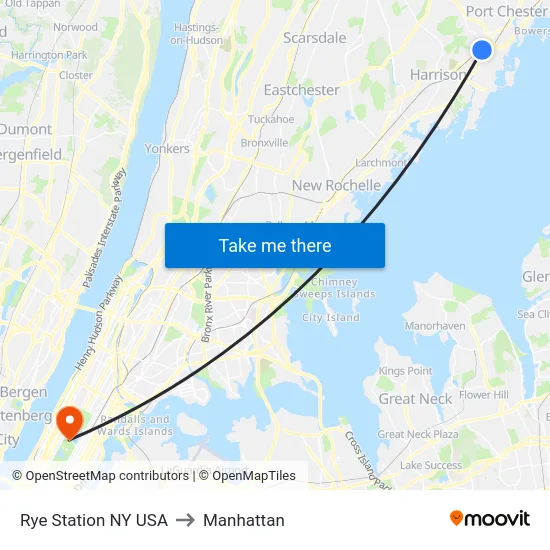 Rye Station NY USA to Manhattan map