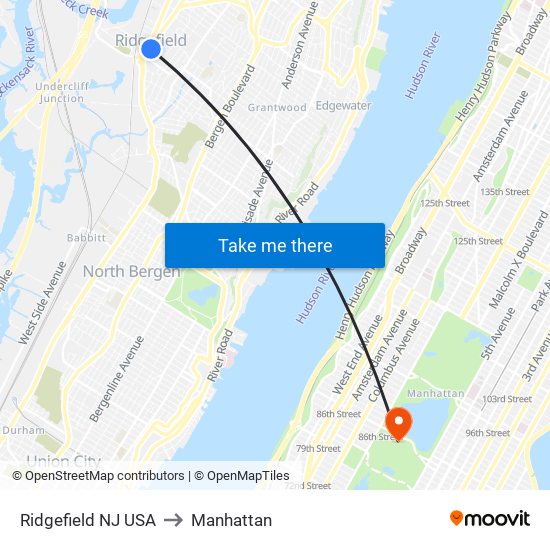 Ridgefield NJ USA to Manhattan map