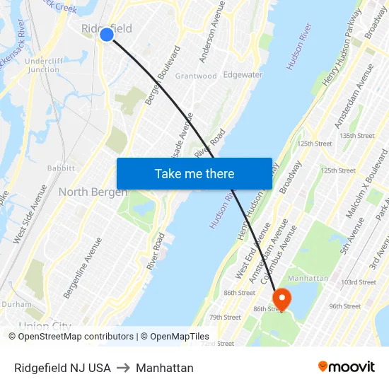 Ridgefield NJ USA to Manhattan map
