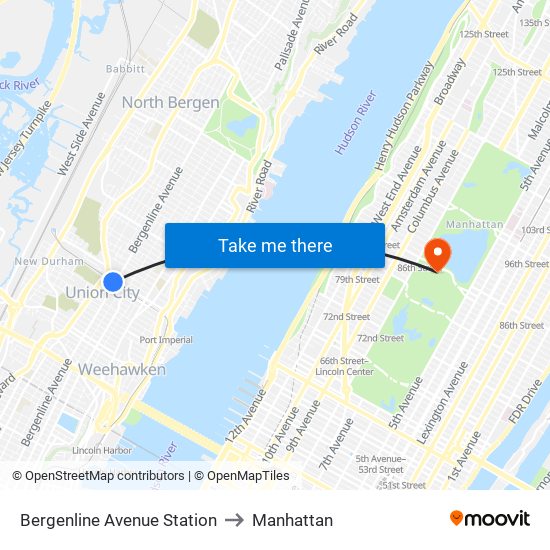 Bergenline Avenue Station to Manhattan map
